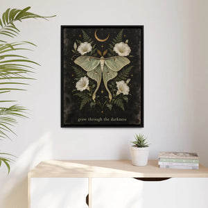 Framed canvas wall art luna moth “grow through the darkness” botanical decor - printable