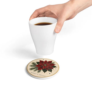 Poinsettia Ceramic Coaster — "Merry & Bright" Holiday Drink Coaster