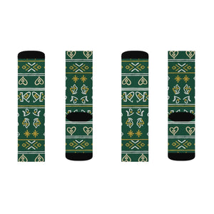 Green Nordic Heart Pattern Sublimation Socks — Festive Holiday Crew Socks