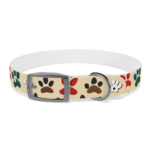 Paw Print Dog Collar — Colorful Red, Teal & Brown Paw Pattern