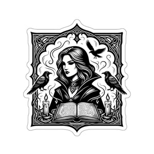 2 inch size of the DipaliZ gothic witch and ravens vinyl sticker