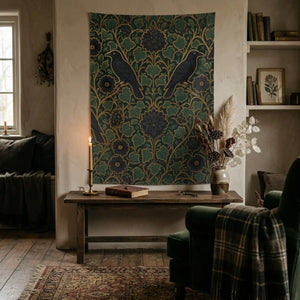 Indoor wall tapestry – vintage peacock floral botanical decor - decorative tapestries