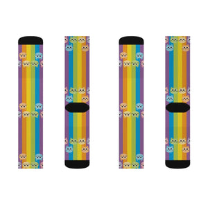 Rainbow Cat Socks - Colorful Sublimation Crew Socks with Cute Cat Faces
