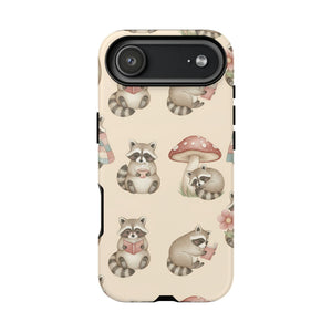 Cute Raccoon Pattern Phone Case – Beige Mushroom & Floral Tough Cases