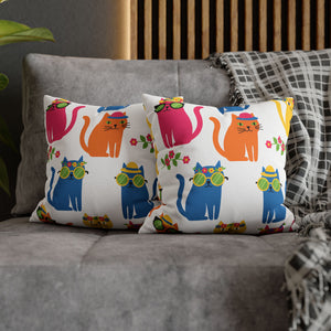 Colorful Cat Pattern Square Pillow Cover — Cute Sunglasses Cats Decorative Throw Pillowcase