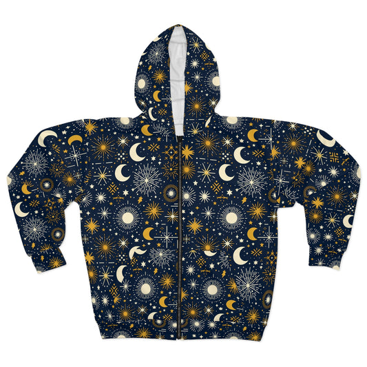 Sun Moon and stars pattern, Unisex Zip Hoodie (AOP)