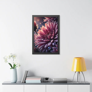 Chrysanthemum with dew drops framed vertical poster - posters