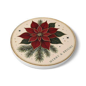Poinsettia Ceramic Coaster — "Merry & Bright" Holiday Drink Coaster