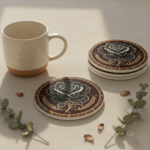 Black Rose Ceramic Coaster — Gothic Floral Drink Coaster