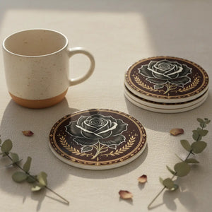 DipaliZ black rose ceramic coaster, round with a near-black bloom