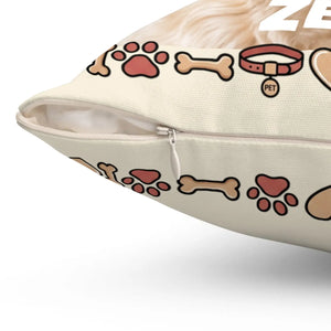 Personalized Dog Photo Pillow — Custom Pet Name "ZEUS" Square Throw Pillow, Cute Heart & Paw Border