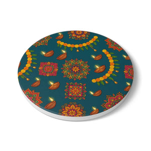 Diwali diyas and marigold mandala ceramic coaster - coasters