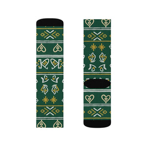 Green Nordic Heart Pattern Sublimation Socks — Festive Holiday Crew Socks