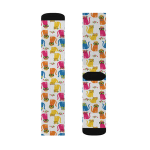 Colorful Cat Pattern Sublimation Socks — Cute Novelty Crew Socks for Cat Lovers