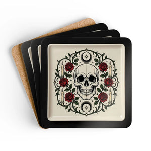 Skull & Roses Corkwood Coaster Set – Gothic Floral Drink Coasters