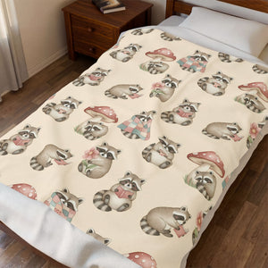 Velveteen Plush Blanket — Cozy Woodland Raccoon & Mushroom Throw