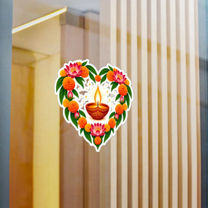 Heart-shaped diya and marigold floral vinyl decal - home decor decals