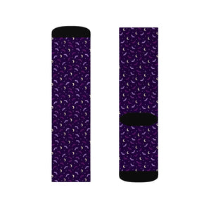 Purple Crescent Moon Sublimation Socks — Mystical Night Sky Crew Socks