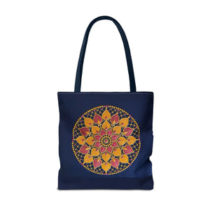 Mandala Floral Tote Bag — Vibrant Boho Lotus Design on Navy