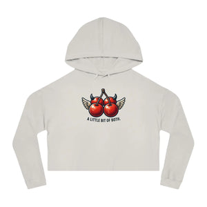 Women’s cropped hoodie with devil-horn cherries - sweatshirts