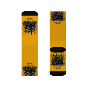 Witches Graphic Socks — Yellow Sublimation Crew Socks with “Girls will be girls” Design