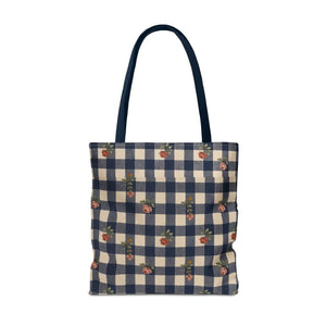 Gingham Rose Tote Bag — Vintage Navy Check Floral All-Over Print Tote