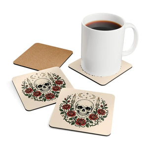 Skull & Roses Cork Coaster Set — Gothic Candle Altar Drink Protectors