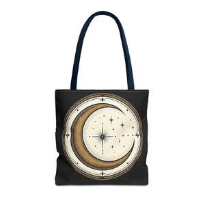 Celestial Crescent Moon Tote Bag – Vintage Starry Night AOP Canvas