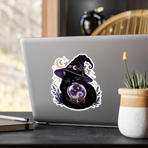 Mystical witch cat crystal ball kiss-cut vinyl decal - home decor decals