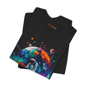 An astronaut in a vibrant background, Unisex Jersey Short Sleeve Tee