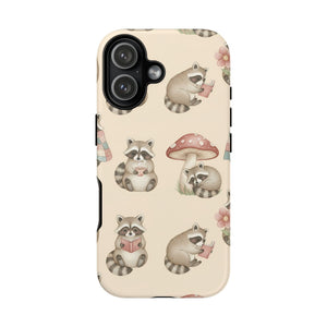 Cute Raccoon Pattern Phone Case – Beige Mushroom & Floral Tough Cases