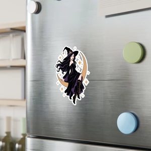 Mystical witch on crescent moon kiss-cut vinyl decal - home decor decals