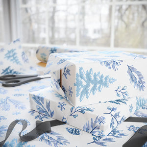Winter Blue Feather Wrapping Paper Roll — Elegant Feather & Pinecone Gift Wrap