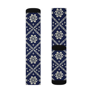 Navy Ikat Floral Sublimation Socks — Patterned Crew Socks