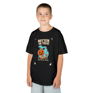 Kids “mitten or treat” halloween pumpkin t-shirt - t-shirts