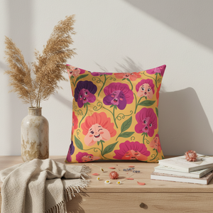 Floral Pansy Face Decorative Pillow — Cheerful Yellow Botanical Throw Pillow