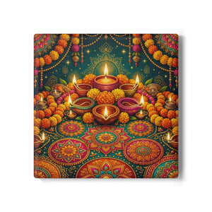Diwali festival ceramic coaster – colorful rangoli and diya design - coasters
