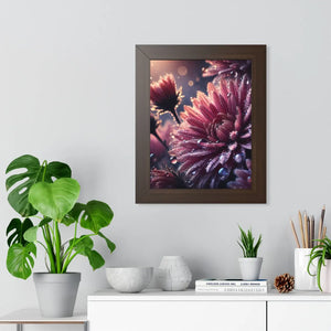 Chrysanthemum with dew drops framed vertical poster - posters