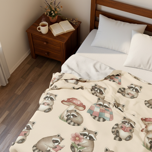 Velveteen Plush Blanket — Cozy Woodland Raccoon & Mushroom Throw