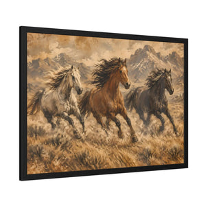 Framed paper poster – wild horses running through mountain landscape - posters