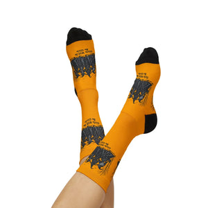Witches Graphic Socks — Yellow Sublimation Crew Socks with “Girls will be girls” Design