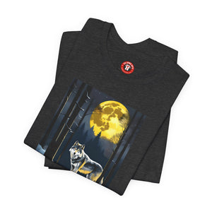 A wolf in a moonlit forest with a full moon, Unisex Jersey Short Sleeve Tee