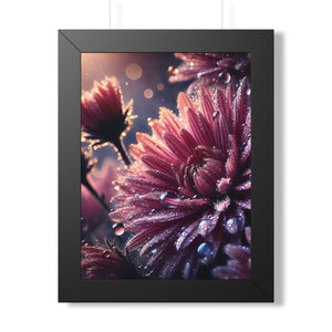 Chrysanthemum with dew drops framed vertical poster - posters