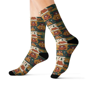 Autumn Patchwork Fox Socks — Cute Fall Animal Sublimation Crew Socks