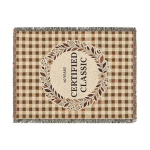 Rustic farmhouse plaid throw by DipaliZ with a Certified Classic badge at its center