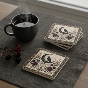 Mystic Raven & Crescent Moon Cork Coaster Set — Gothic Floral Drink Coasters