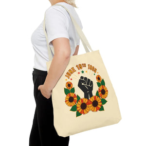 Juneteenth celebration tote bag – ’june 19th 1865’ sunflower & black power fist aop - bags
