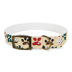 Paw Print Dog Collar — Colorful Red, Teal & Brown Paw Pattern