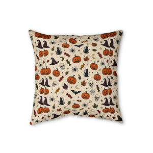 Halloween pattern faux linen pillow by DipaliZ with pumpkins and witch hats