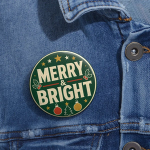 Merry & Bright Christmas Pin Button — Holiday Jacket Lapel Badge